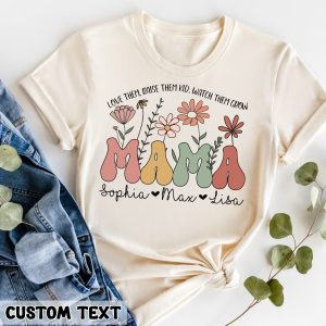 Retro Floral Personalized Mama Shirt for Mother’s Day Mom Tee with Kids Names